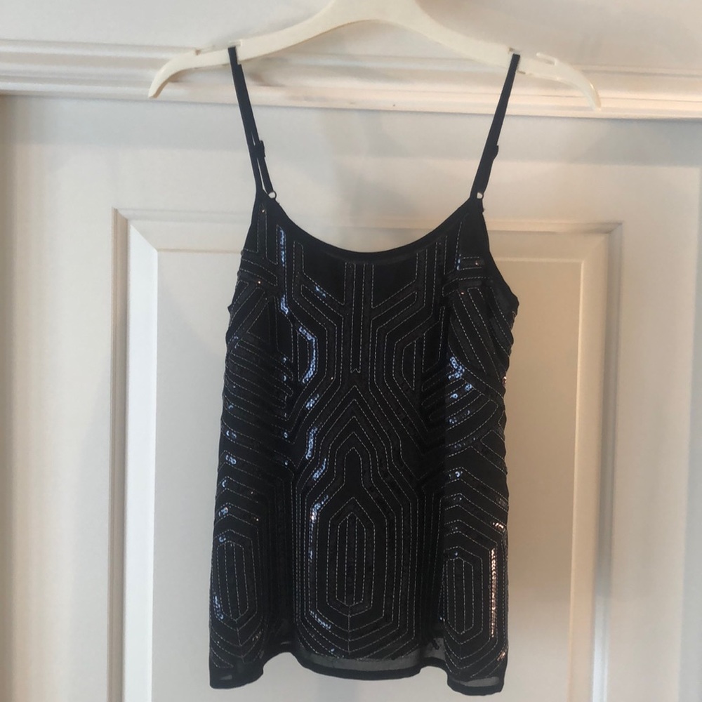 Endless Rose black sequin spaghetti strap top with silver embroidery